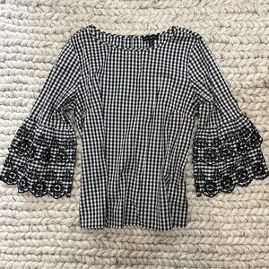 Tribal Top Black & White Gingham Embroidered Tiered Bell Sleeve Top